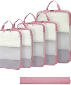 ECOHUB Packing Cubes 6 Pièces Compression Plastique Recyclé Ultra-Résistant pour Voyage Bagage à Main Rose