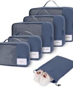 ECOHUB Packing Cubes 6 Pièces Organisateur Valise Léger Respirant avec Étiquettes DIY pour Voyage Bleu