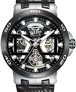 OBLVLO Montres Automatiques en Or Cadran Squelette Bracelet Cuir Luxe UM