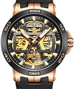 OBLVLO Montre Automatique Squelette pour Hommes 100M Étanche Militaire Cuir UM1
