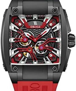 OBLVLO Montre Automatique Super Lumineuse pour Homme - Sport Luxe Carré Squelette Mécanique Bracelet Caoutchouc GM