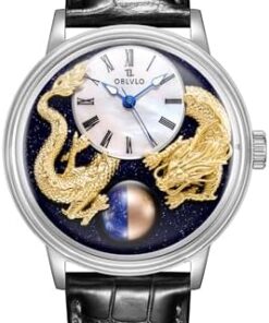 OBLVLO Montre Automatique Mécanique pour Homme Luxe 3D Double Chinois Loong Étanche Cuir de Veau SCM-Drag