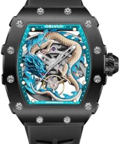 OBLVLO XM-Dragon Montre Automatique 3D Homme Étanche Silicone Noir