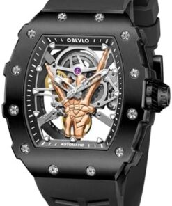 OBLVLO XM-FIG Montre Mécanique Homme Acier Inoxydable PVD Bracelet Caoutchouc Noir