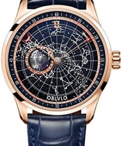OBLVLO Montre Mécanique Automatique Hommes Lumineuse Étanché Bracelet Cuir Terre Étoile GC