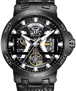 OBLVLO Montres Automatiques en Or Cadran Squelette Bracelet Cuir Luxe UM