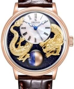 OBLVLO Montre Automatique pour Homme 3D Double Chinois Loong Cuir de Veau Étanche SCM-Drag