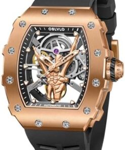 OBLVLO XM-FIG Montre Mécanique Homme Acier Inoxydable PVD Noir Bracelet Caoutchouc