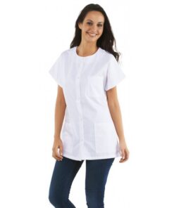 KODAMA Tunique Médicale Blanche Col Rond Facile d'Entretien - Boutons Pression - Blouse Professionnelle Femmes Manche Co