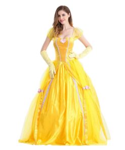 OBEEII Princesse Robe Belle et la Bête Adulte Costume Halloween Carnaval Soirée Fête Noël Jaune avec Gants