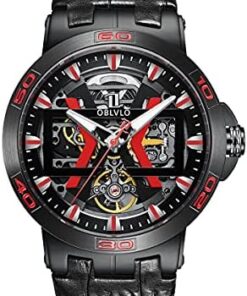 OBLVLO Montres Automatiques en Or Cadran Squelette Bracelet Cuir Luxe Hommes