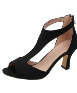 Sandales d'été confortables en cuir noir avec talon pour femme - Escarpins à bride - Respirantes et pieds nus