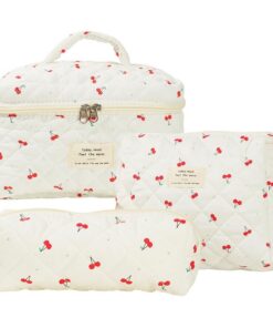 Trousse de Toilettage Matelassée Starnearby Lot de 3 pour Femmes, Cerises, Poche de Maquillage Douce, Voyage, Cosmétique