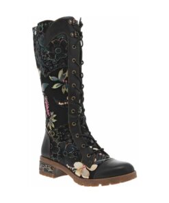 Bottes en cuir noires fleuries LAURA VITA talon bloc et à lacets pour femmes polyvalentes chic et pratiques 39 EU Noir F