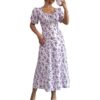 Robe Boho Femmes Floral Maxi Buste Ruched Une Ligne Cou Carré Puff Manches Courtes Swing de Plage Sèche-Brocante Bohême