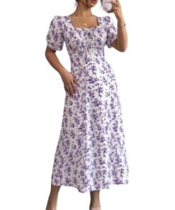 Robe Boho Femmes Floral Maxi Buste Ruched Une Ligne Cou Carré Puff Manches Courtes Swing de Plage Sèche-Brocante Bohême