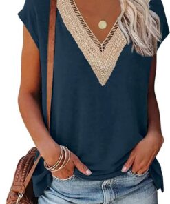 OLIPHEE Femme T-Shirt V-Neck Élégant avec Dentelle Motifs Floraux Confortable pour le Défilé Chimique