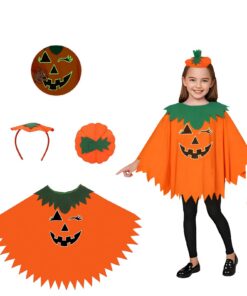 Dégagement Halloween Citrouille Femme, Costume Cape Citrouille Adultes Enfants avec Chapeau et Sacs à Bonbons, Idéal pou