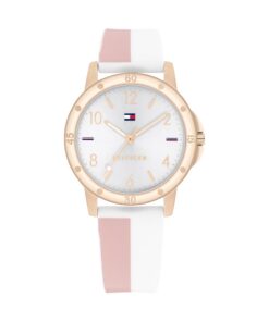 Tommy Hilfiger Montre Fille - Cadran Argenté, Bracelet Silicone Blanche Rose, Boîtier Or Rose 32mm, Quartz Résistance 3A