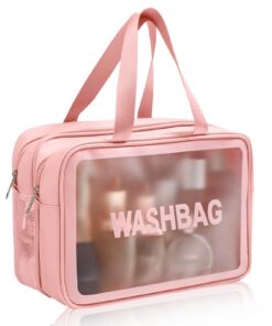 Trousse de toilette maquillage femme transparenteavec poignée fermée par ziptravel pour femme et homme (rose)