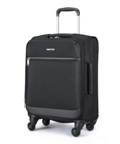Amazon Basics Bagage Cabine Souple Noir, Aspect Extensible, Poids Léger pour Voyage, Valise 4 Roues Pivotantes 360°, Poc