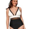 CUPSHE Femmes Large Taille Maillot de Bain col en V Contrôle du Ventre avec Bretelles Reglables Noir