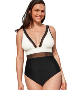 CUPSHE Femmes Large Taille Maillot de Bain col en V Contrôle du Ventre avec Bretelles Reglables Noir