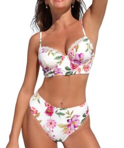 CUPSHE Maillot de bain deux pièces femme - Taille haute - Bretelles réglables - Bonnets amovibles souples - Blanc