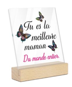 Putuo Decor Cadeau Maman Acrylique Rectangulaire - Tu es la meilleure maman du monde entier, message avec papillons colo