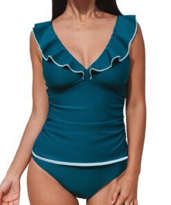 CUPSHE Ensemble Tankini Deux Pièces pour Femme - Col en V, Bretelles Réglables Froncées, Tailles XS à 4XL, Bleu Sarcelle