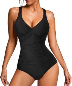 KUMAYES Femme Maillot de Bain Une pièce Plongeant Col V Contrôle Ventre Amincissant Gainant Dos Croisé