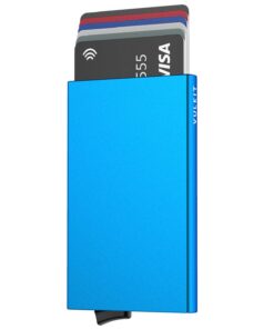 Porte-cartes métallique automatique VULKIT Homme et Femme Porte-Carte Bancaire Pop Up RFID Blocage pour 5 Cartes Bleu