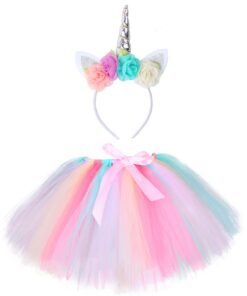 Costume Licorne Hifot pour Fille, Jupe Tutu Arc-en-Ciel avec Ruban et Bandeau Licorne, Idéal pour Carnaval et Anniversai