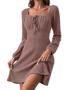 Robe pull manches longues tunique minirobe en tricot A-Line Jenjon Femme Col Carré Taille Haute Chic Casual Automne Hive
