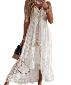 CUPSHE Robe d'été pour Femme Boho Maxi à Lacets avec Pompon col en V évasé à Volants Robes de Plage pour Week-End Relaxa