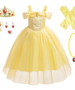 Eleasica Fille Princesse Belle Déguisement Robe Couronne Collier Costume pour Noël Carnaval Halloween