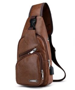 Sac de poitrine Aucuu homme en cuir étanche, sacoche bandoulière PU cuir rétro avec ports USB, grande capacité pour affa