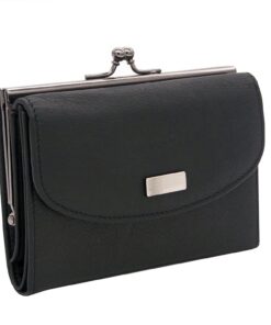 Charmoni Portefeuille Femme en Cuir De Vachette Véritable - Fermoir Clic Clac - Porte Carte Crédit (Cuir, Noir)