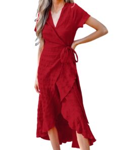 CUPSHE Femme Robe Wrap Fleurie Évasée Manche Courte Volants Longue Rrapèze Robe de Plage Elégant Casual