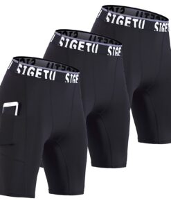 OGOUGUAN Shorts de compression longs pour homme avec poches et soutien - Lot de 3 - Meilleures ventes |compression sport