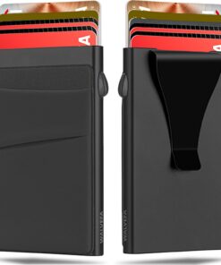 Walvefa Portefeuille RFID Bloqué pour Homme Minimale Pince à Billets en Aluminium et Pop-Up Noir Sécurisez Vos Cartes et