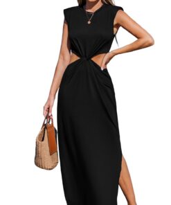 CUPSHE Robe Longue Été Sans Manches Rembourrées pour Femme avec Fente Latérale et Éléments de Mode en Vogue