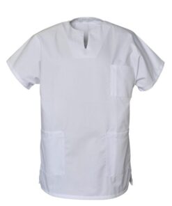 SNV Tunique médicale pour homme - Blanche - Manches courtes, fentes côtés - Coupe kimono - Blouse professionnelle en pol