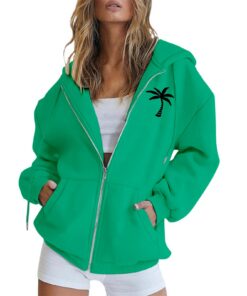 Capuche de Sport Tendance pour Sweat Homme Femme, Doux et Facile imprimé Cocotier Mignon, Taille S Vert Blanc Zippe