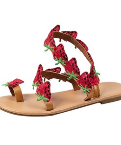 Sandales femmes été respirantes talon noires bout ouvert fraise décoration Bottes souples sans lacet
