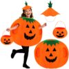 Costume Enfant Halloween 3 Pièces Citrouille, Adapte aux Enfants de 3 à 12 Ans avec Chapeau et Sacs à Bonbons pour Fêtes