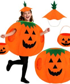 Costume Enfant Halloween 3 Pièces Citrouille, Adapte aux Enfants de 3 à 12 Ans avec Chapeau et Sacs à Bonbons pour Fêtes