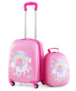 Valise DREAMADE enfant 16" coloré avec 4 roues et poignée télescopique pour fille et garçon (Rose-licorne+couronne royal