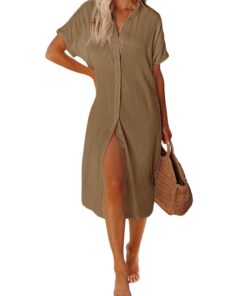 RITOSTA Robe de Plage Femme Longue Ete Kimono Pareo de Plage Cache Maillots Boutonné Coton Caftan Col V Bikini Cover Up