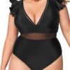 CUPSHE Maillot de Bain Une pièce pour Femme Noir Grande Taille col en V à Volants en Maille